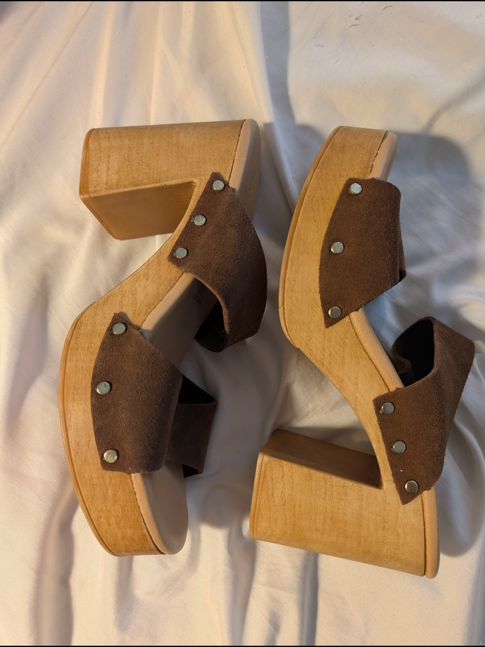 Brown Leather Studded Wooden Platform Mules